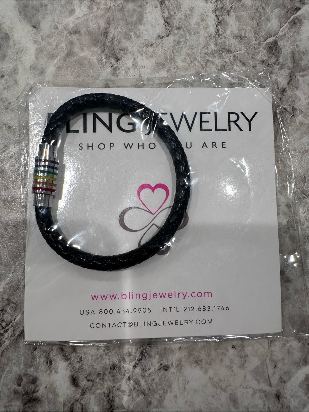 Bling Jewelry Black Braided Leather Bracelet with Rainbow Bar Accent